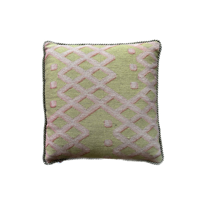 Handcrafted 18x18 green and pink geometric contemporary handwoven Aubusson pillowcase by Ariana Rugs West Hollywood