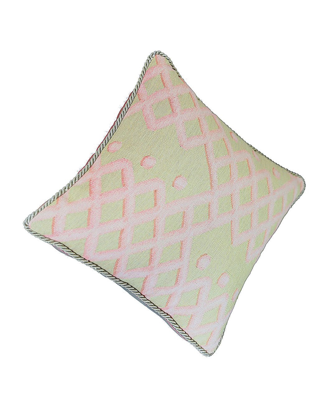 Handcrafted 18x18 green and pink geometric contemporary handwoven Aubusson pillowcase by Ariana Rugs West Hollywood
