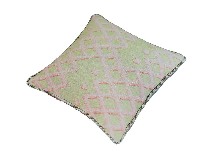 Handcrafted 18x18 green and pink geometric contemporary handwoven Aubusson pillowcase by Ariana Rugs West Hollywood