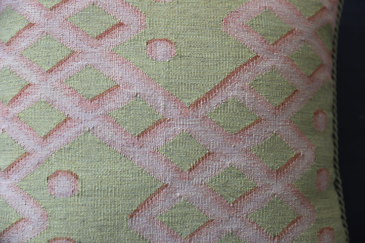 Handcrafted 18x18 green and pink geometric contemporary handwoven Aubusson pillowcase by Ariana Rugs West Hollywood