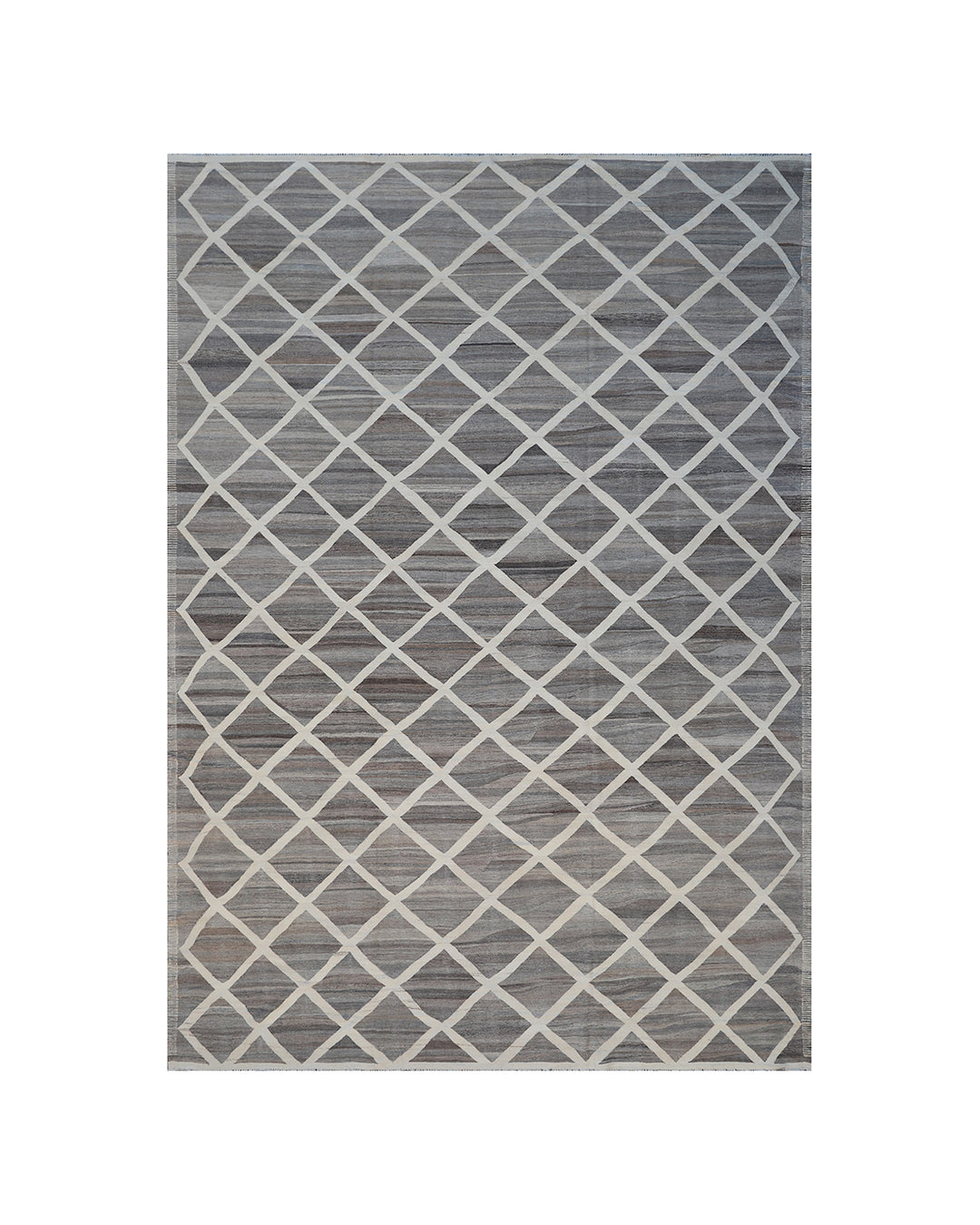 10x14 Large Grey and Cream Diamond Ariana Kilim Rug - Hand-woven Flatweave