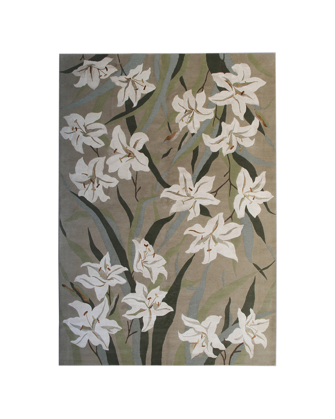 One-of-a-kind 6x9 hand-knotted Tibetan wool and silk rug with a green background and white floral design.