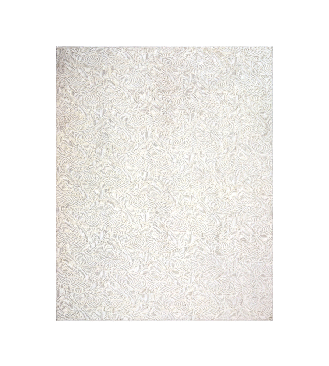 White hand-loomed New Zealand wool area rug with over-tufted floral textured design.