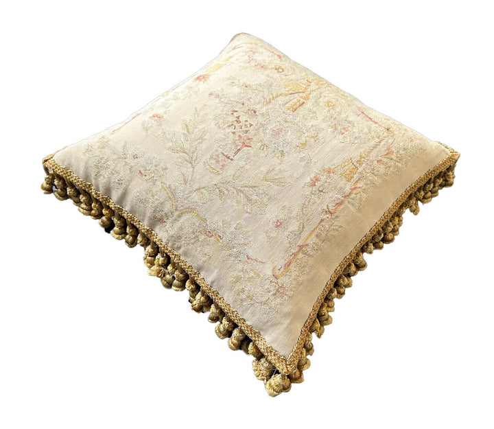 Handmade 2x2 Cream & Pink Floral Aubusson Pillow Cover with Gold Tassels