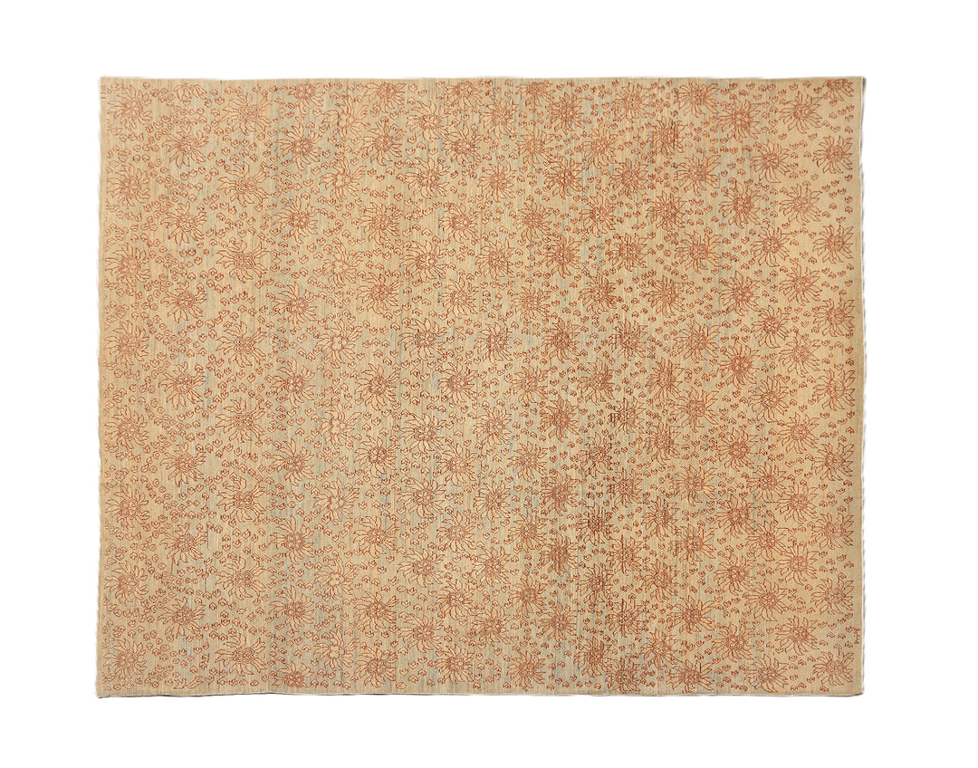 8'x10' Ariana Transitional Collection icy blue and terra cotta borderless floral wool area rug styled in a modern living room