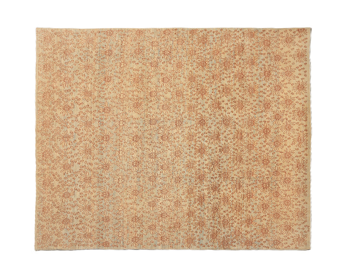 8'x10' Ariana Transitional Collection icy blue and terra cotta borderless floral wool area rug styled in a modern living room