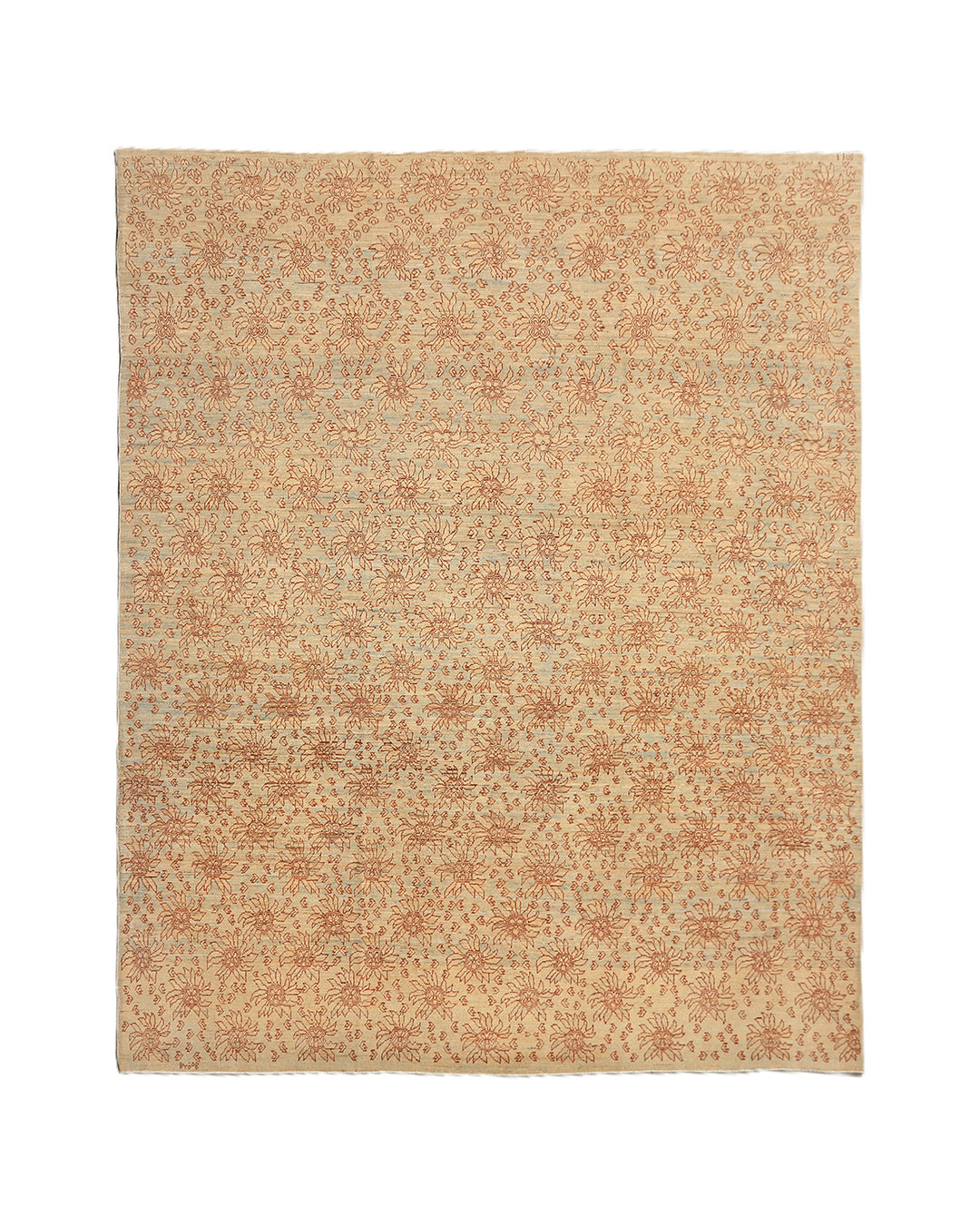 8'x10' Ariana Transitional Collection icy blue and terra cotta borderless floral wool area rug styled in a modern living room