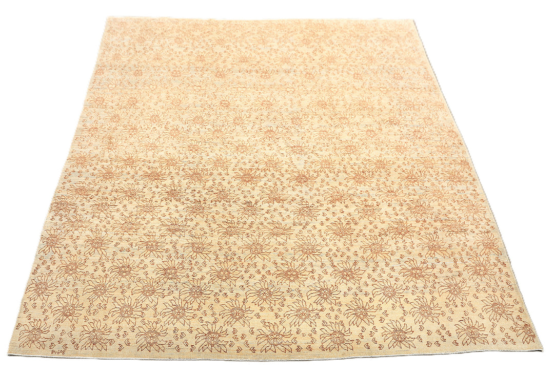8'x10' Ariana Transitional Collection icy blue and terra cotta borderless floral wool area rug styled in a modern living room