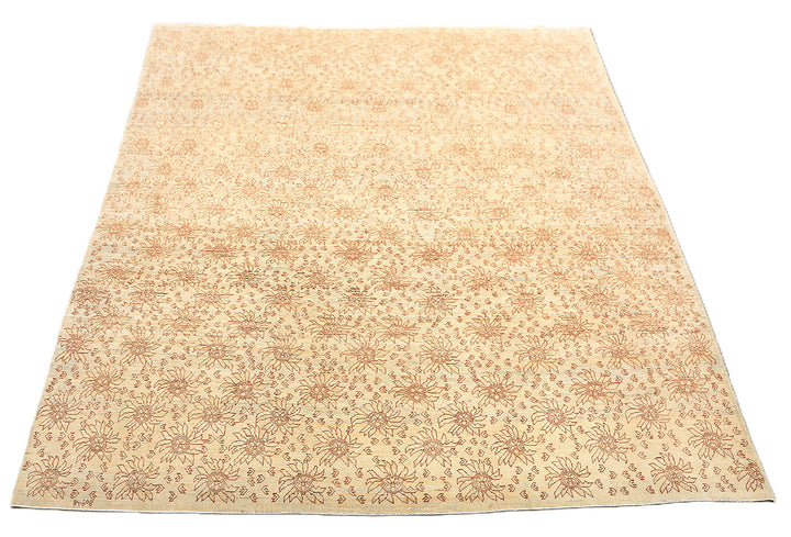 8'x10' Ariana Transitional Collection icy blue and terra cotta borderless floral wool area rug styled in a modern living room