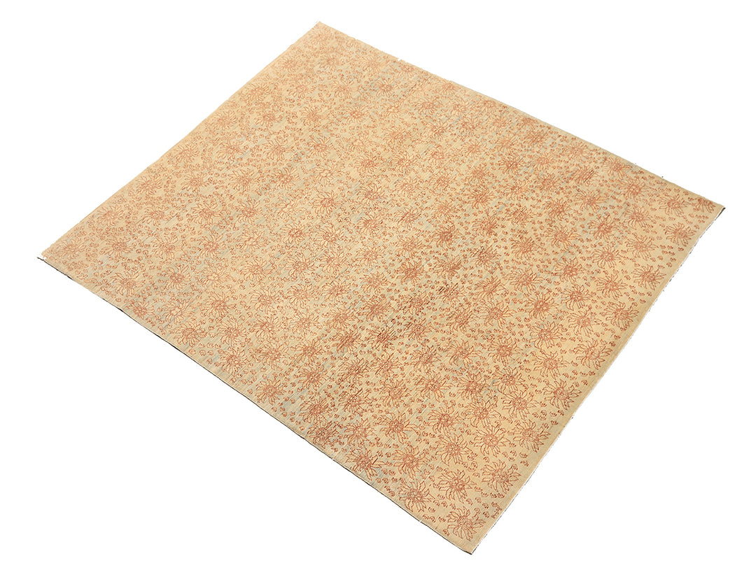8'x10' Ariana Transitional Collection icy blue and terra cotta borderless floral wool area rug styled in a modern living room