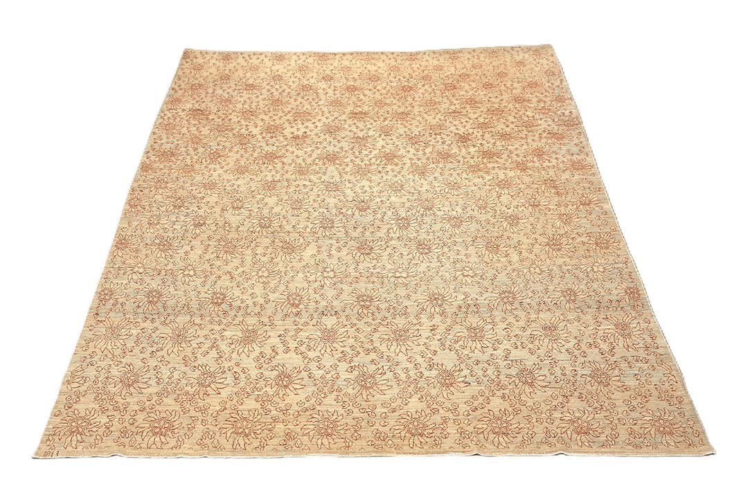 8'x10' Ariana Transitional Collection icy blue and terra cotta borderless floral wool area rug styled in a modern living room