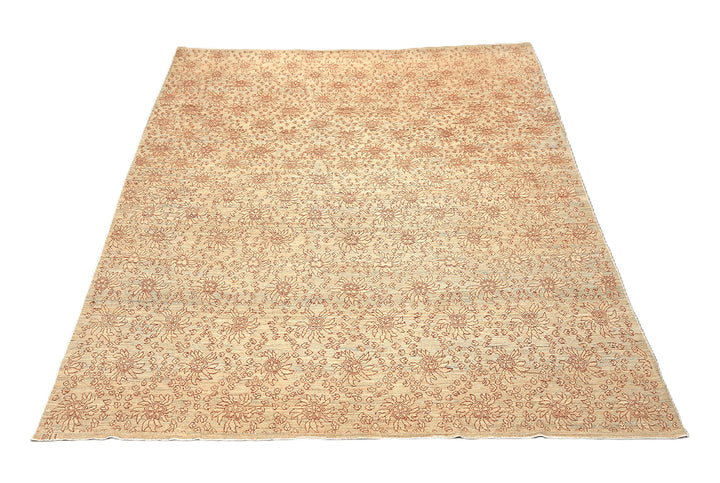 8'x10' Ariana Transitional Collection icy blue and terra cotta borderless floral wool area rug styled in a modern living room