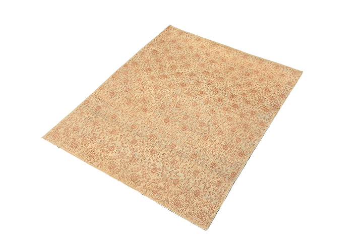 8'x10' Ariana Transitional Collection icy blue and terra cotta borderless floral wool area rug styled in a modern living room