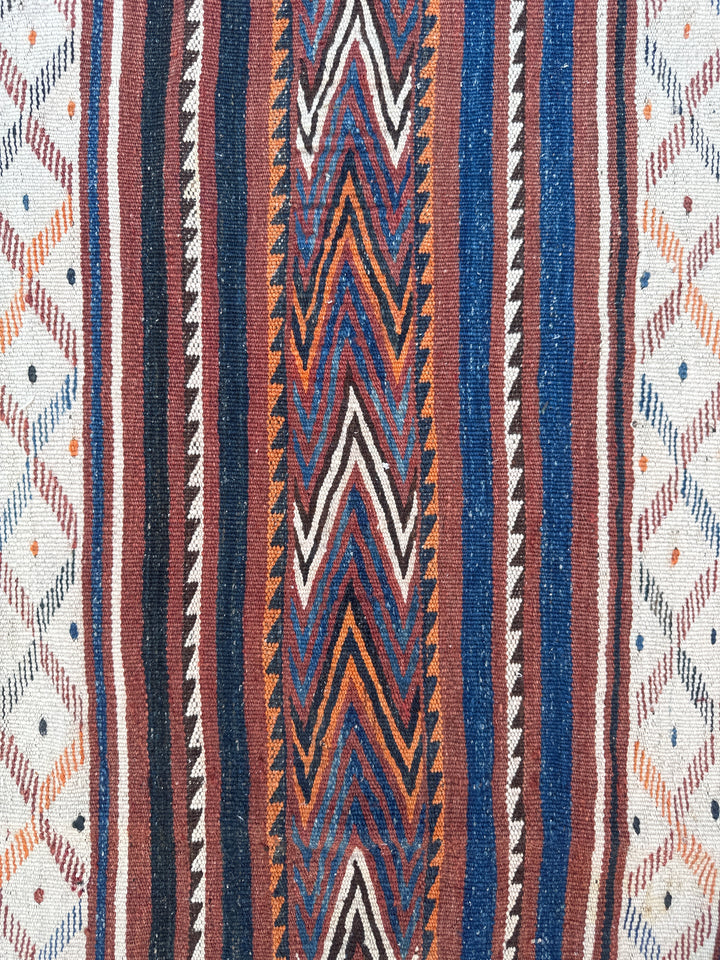 4’x10’ White, Blue and Red Striped Vintage Central Asia Afghan Uzbek Kilim
