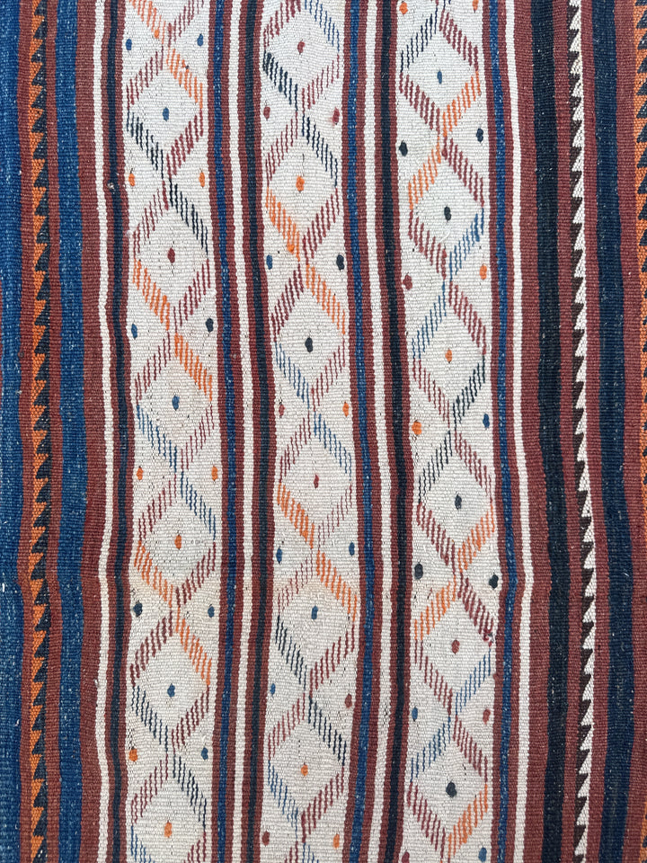 4’x10’ White, Blue and Red Striped Vintage Central Asia Afghan Uzbek Kilim