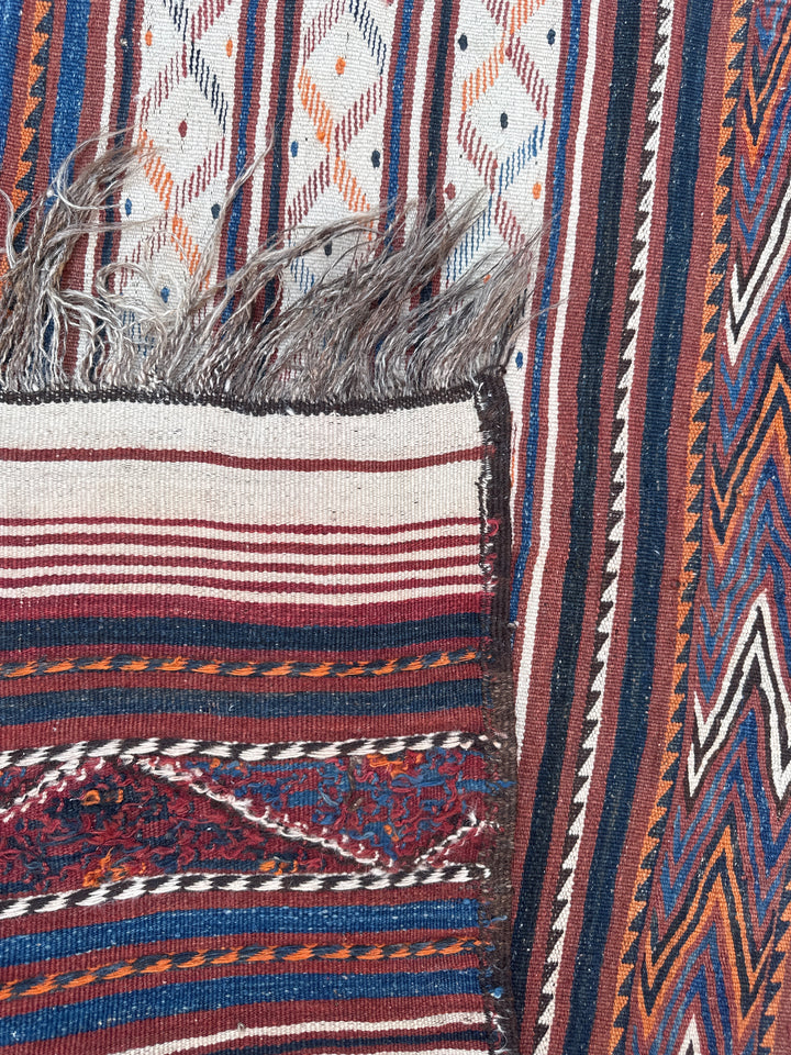 4’x10’ White, Blue and Red Striped Vintage Central Asia Afghan Uzbek Kilim