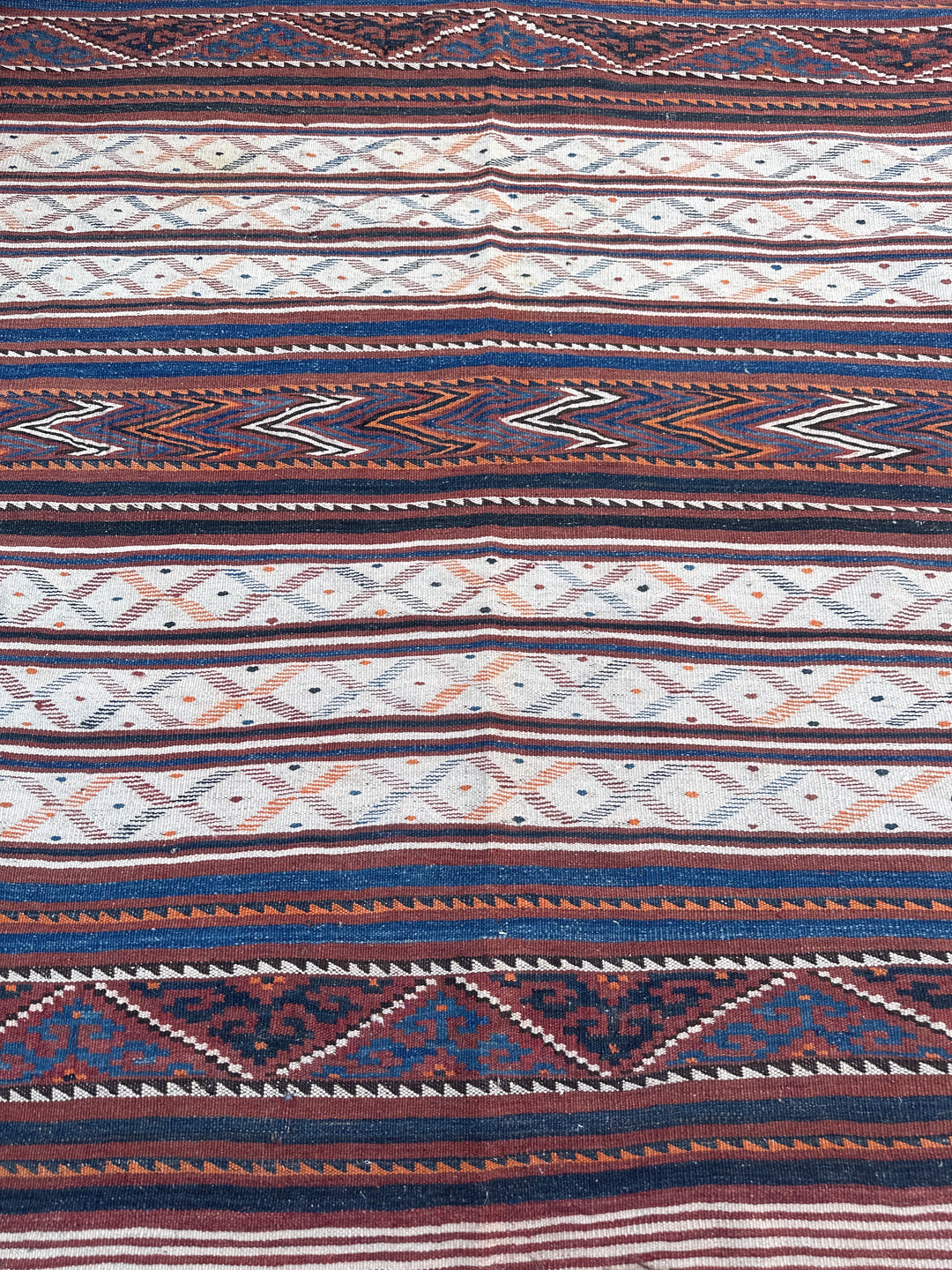 4’x10’ White, Blue and Red Striped Vintage Central Asia Afghan Uzbek Kilim