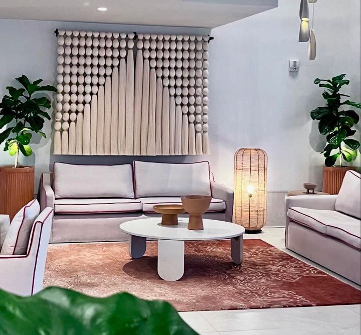 Luxury hand-tufted wool and silk rug named Ink, featuring an organic sculptural shape designed by Gulla Jónsdóttir for the Sandbourne Hotel in Santa Monica, produced by Ariana Rugs.