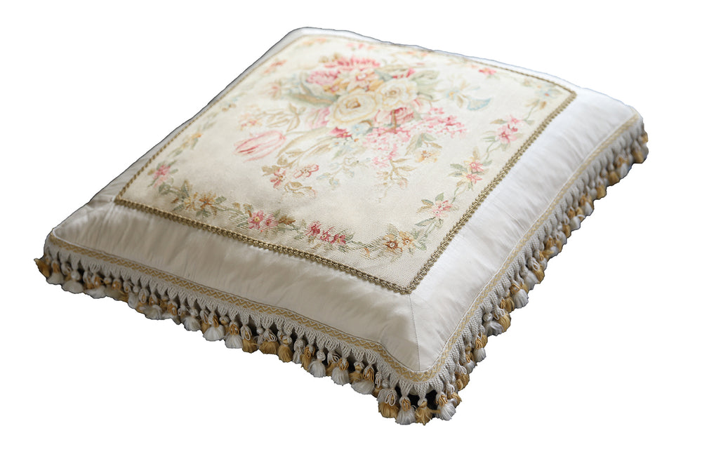 Handmade 24x24 ivory floral silk Aubusson pillowcase with tassels by Ariana Rugs West Hollywood