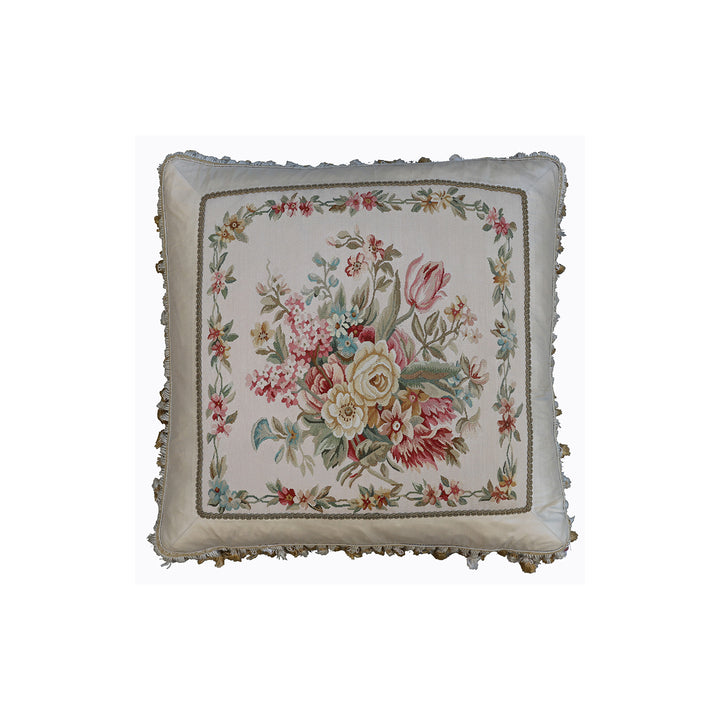 Handmade 24x24 ivory floral silk Aubusson pillowcase with tassels by Ariana Rugs West Hollywood