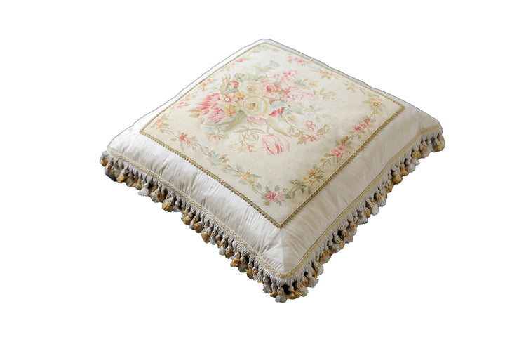 Handmade 24x24 ivory floral silk Aubusson pillowcase with tassels by Ariana Rugs West Hollywood