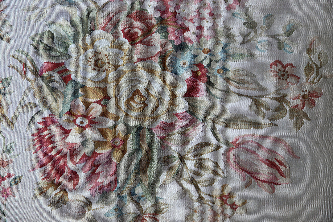 Handmade 24x24 ivory floral silk Aubusson pillowcase with tassels by Ariana Rugs West Hollywood