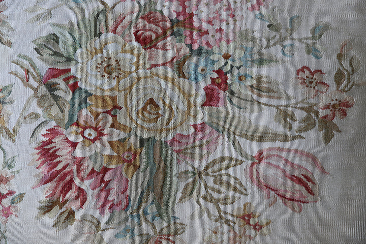 Handmade 24x24 ivory floral silk Aubusson pillowcase with tassels by Ariana Rugs West Hollywood