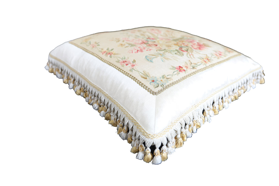Handmade 24x24 ivory floral silk Aubusson pillowcase with tassels by Ariana Rugs West Hollywood