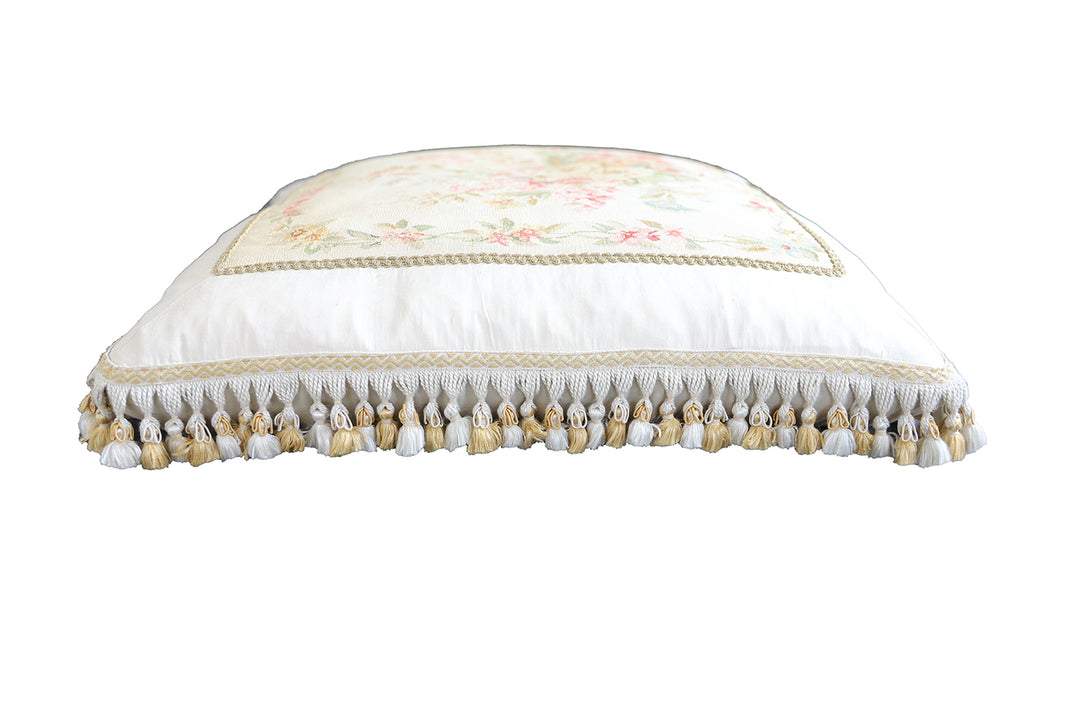 Handmade 24x24 ivory floral silk Aubusson pillowcase with tassels by Ariana Rugs West Hollywood