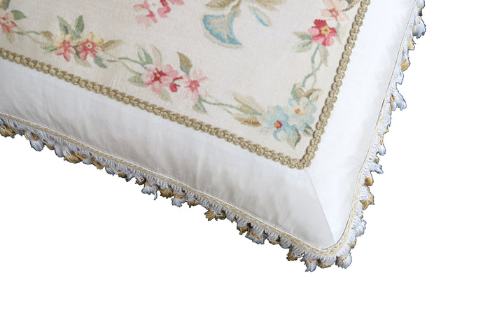 Handmade 24x24 ivory floral silk Aubusson pillowcase with tassels by Ariana Rugs West Hollywood