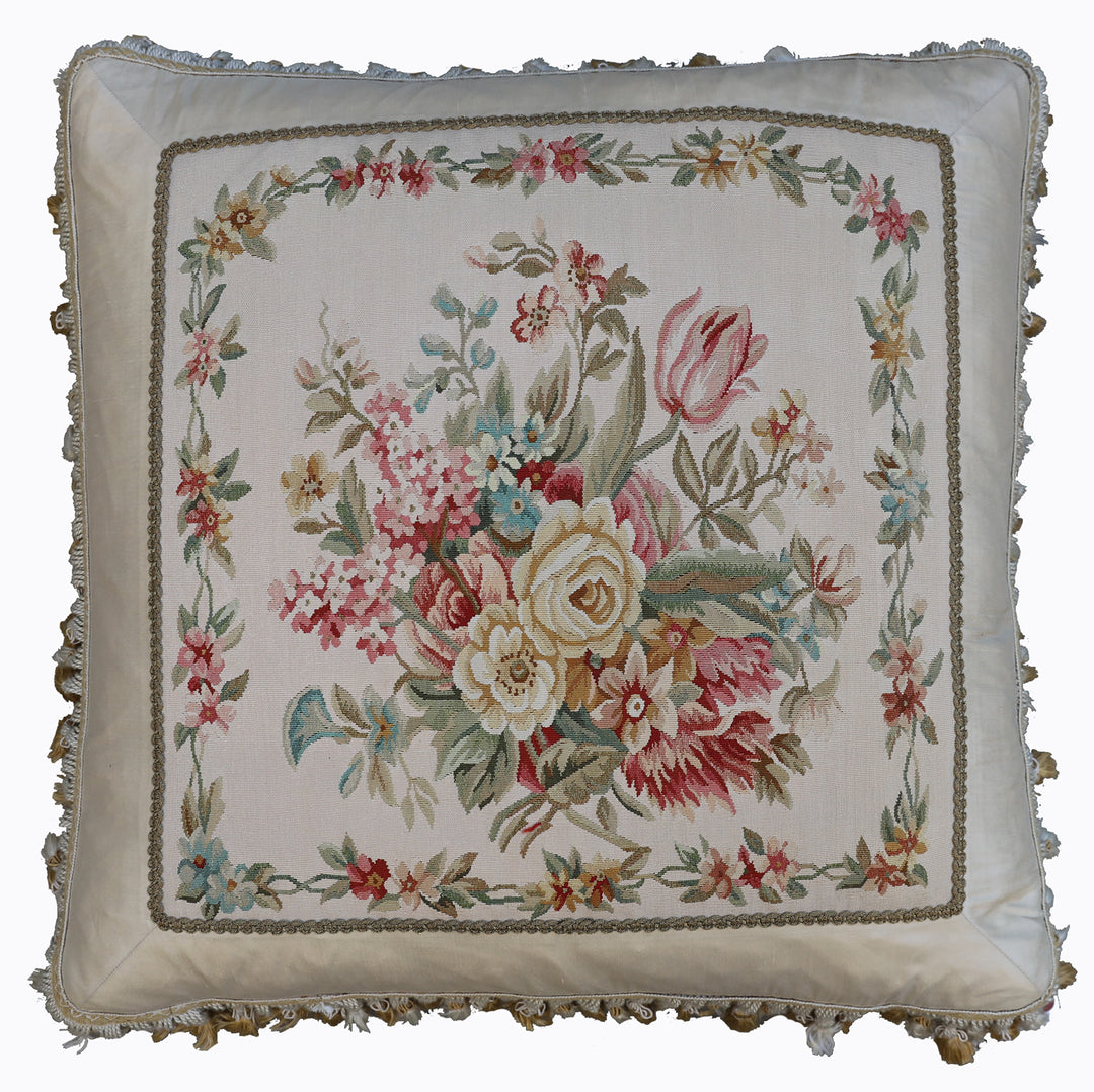 Luxury 24"x24" Ivory Floral Silk Aubusson Pillow | Ariana Rugs