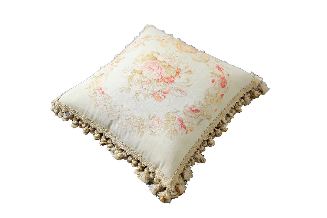 22x22 ivory and pink floral Aubusson wool and silk pillowcase with decorative tassel trim by Ariana Rugs