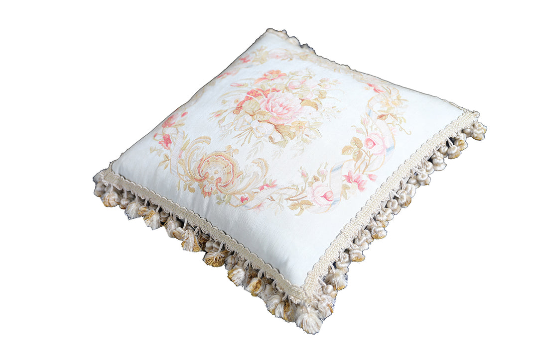 22" x 22" Ivory & Pink Floral Aubusson Silk & Wool Pillowcase – Luxury Tassel Trim Accent Cover