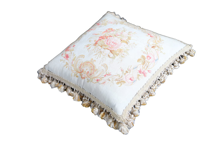 22" x 22" Ivory & Pink Floral Aubusson Silk & Wool Pillowcase – Luxury Tassel Trim Accent Cover