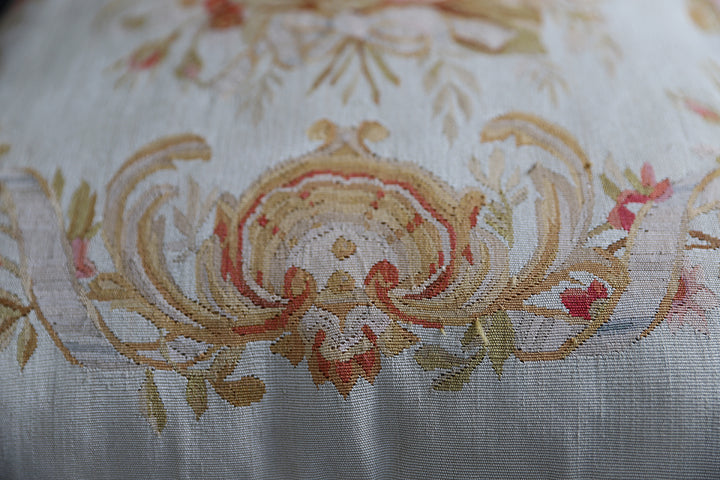 22x22 ivory and pink floral Aubusson wool and silk pillowcase with decorative tassel trim by Ariana Rugs