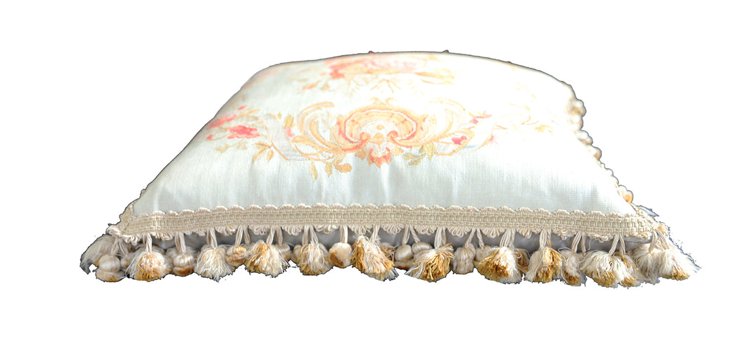 22x22 ivory and pink floral Aubusson wool and silk pillowcase with decorative tassel trim by Ariana Rugs
