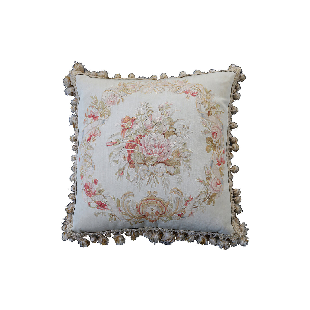 22x22 ivory and pink floral Aubusson wool and silk pillowcase with decorative tassel trim by Ariana Rugs