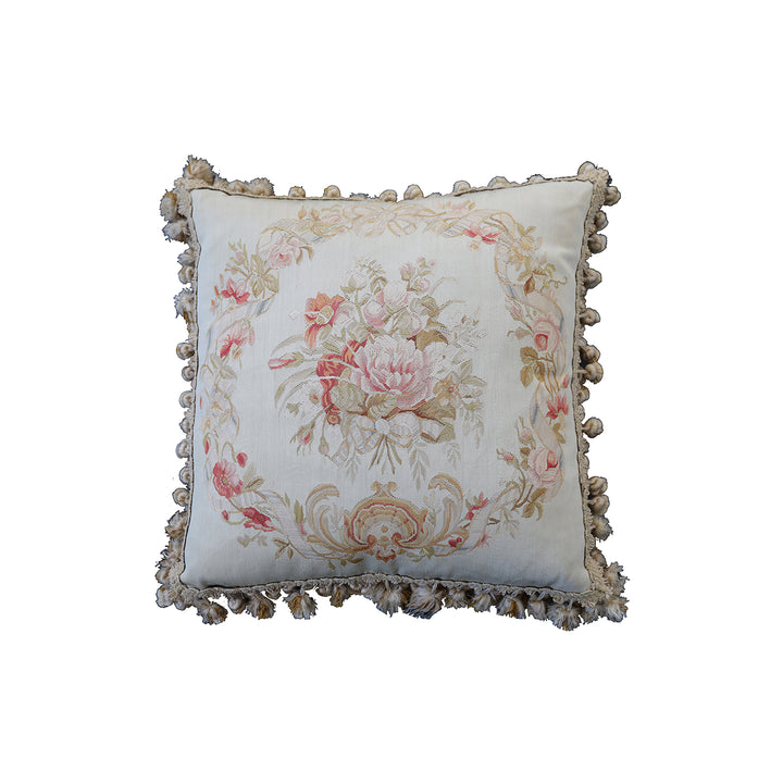 22x22 ivory and pink floral Aubusson wool and silk pillowcase with decorative tassel trim by Ariana Rugs
