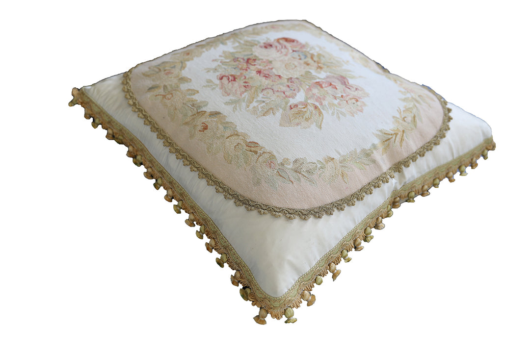 Luxury Ivory Silk Floral Aubusson Pillowcase with Gold Embroidery