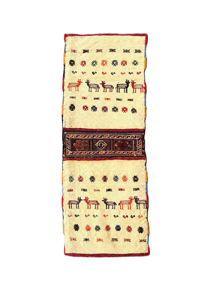 Handwoven Persian tribal storage saddle bag with geometric patterns in wool.