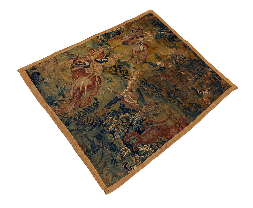 Decorative rug with intricate patterns and figures on a white background