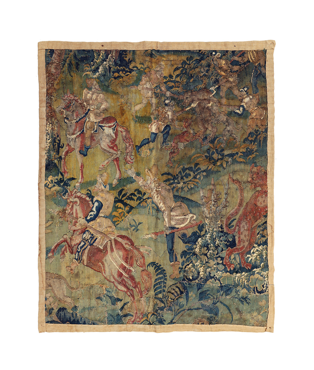 Decorative tapestry with historical scene of figures on horseback and animals, framed.