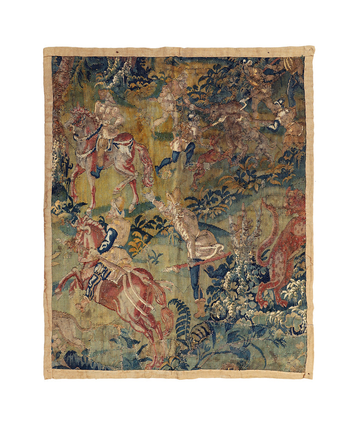 Decorative tapestry with historical scene of figures on horseback and animals, framed.