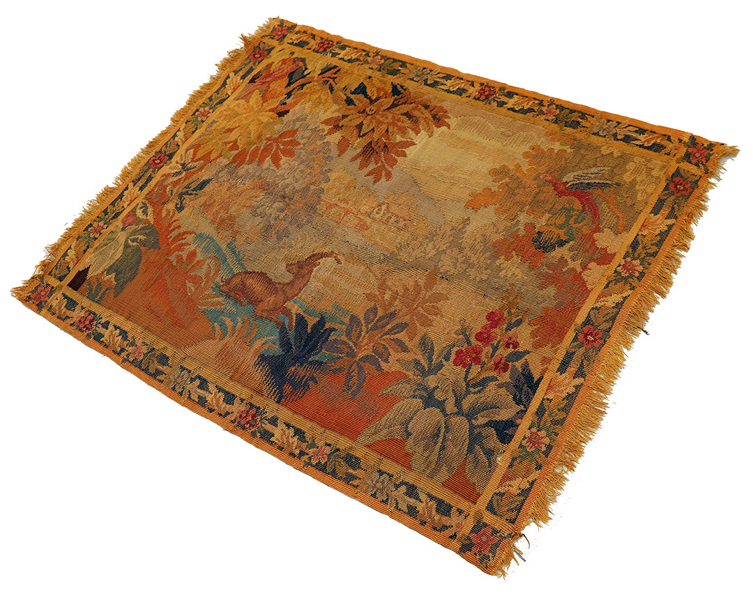 Decorative rug with nature-themed design on a white background