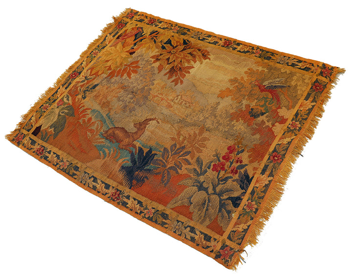 Decorative rug with nature-themed design on a white background