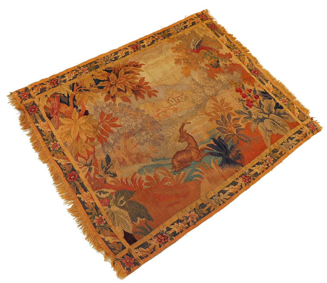 Decorative rug with nature-themed design on a white background