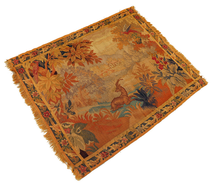 Decorative rug with nature-themed design on a white background