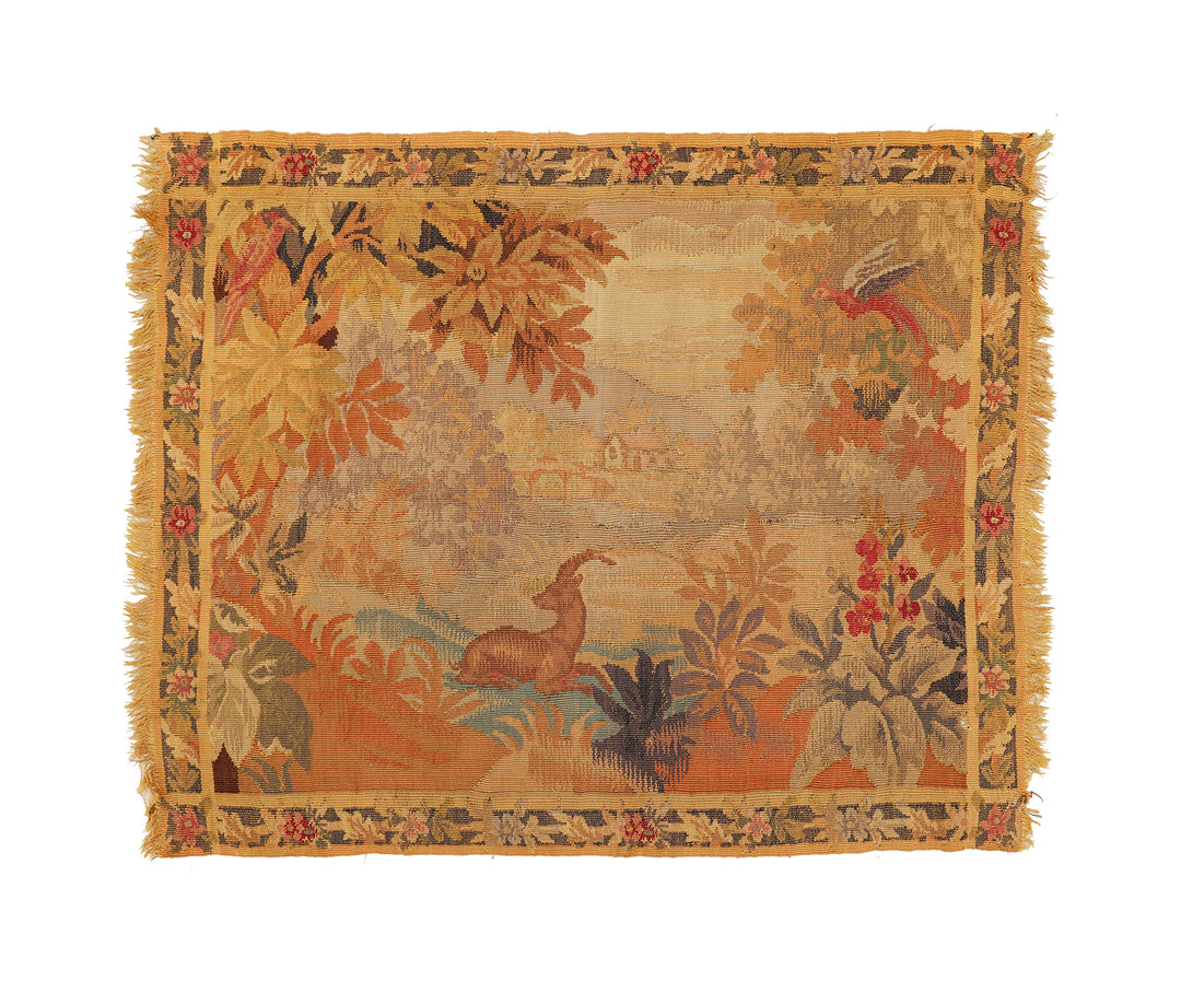 Decorative rug with floral and animal patterns on a cream background