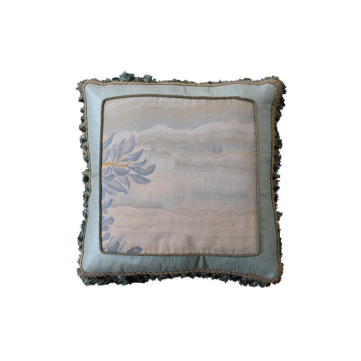 Handmade 22x22 light blue landscape silk and wool Aubusson pillowcase with tassels by Ariana Rugs West Hollywood