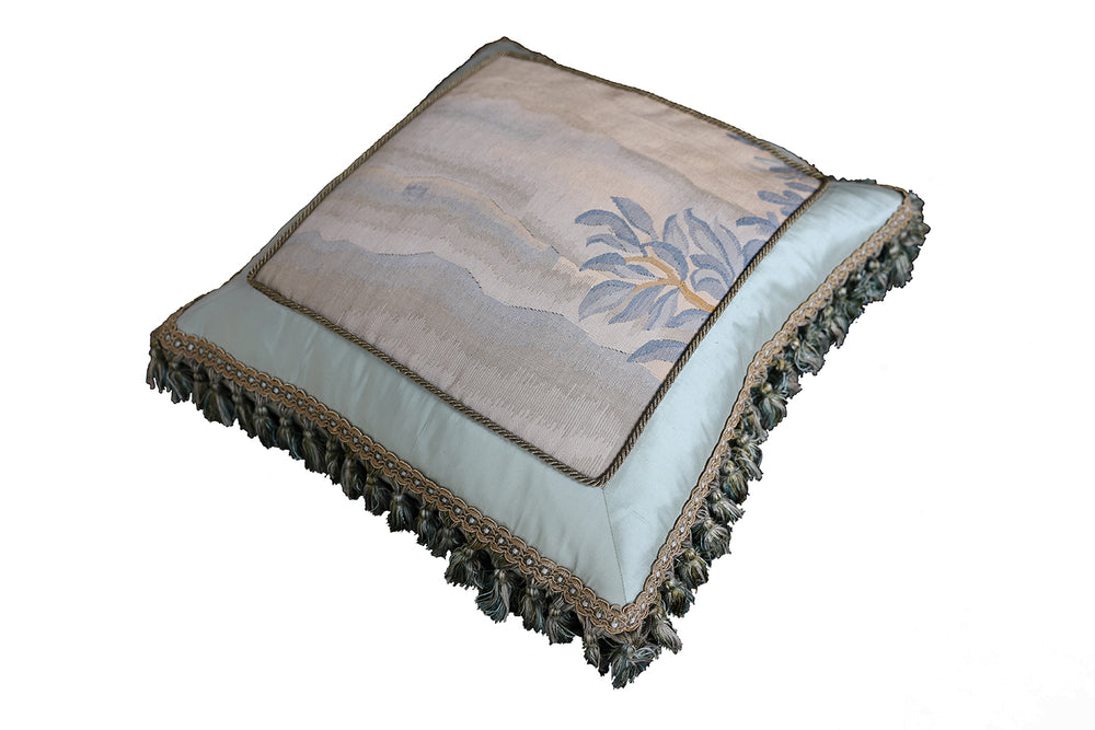 Handmade 22x22 light blue landscape silk and wool Aubusson pillowcase with tassels by Ariana Rugs West Hollywood